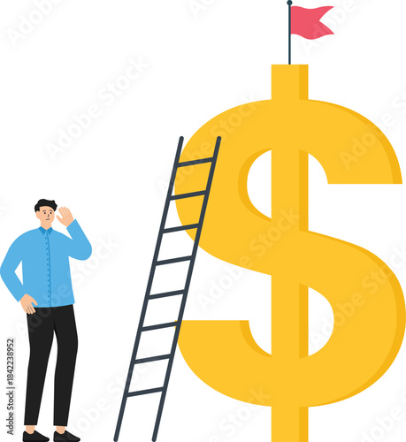 Money ladder to achieve financial independent goal, challenge to reach investment target or wealth planning strategy concept, businessman starting to climb up ladder to the top of money dollar sign.
