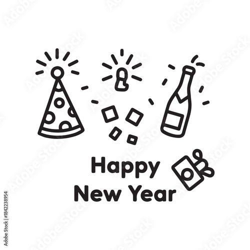 Black and White Happy New Year Icon Set Party Hat, Fireworks, and Champagne Celebration Icons. 