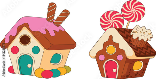 Cute vector set of two festive gingerbread houses decorated with candy, lollipops, and pink icing