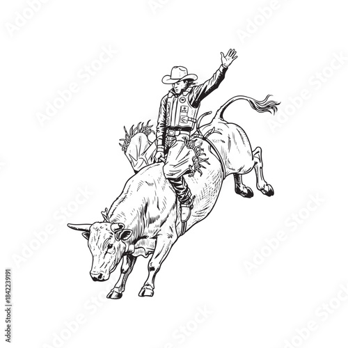 Black and white illustration of a cowboy riding a bucking bull