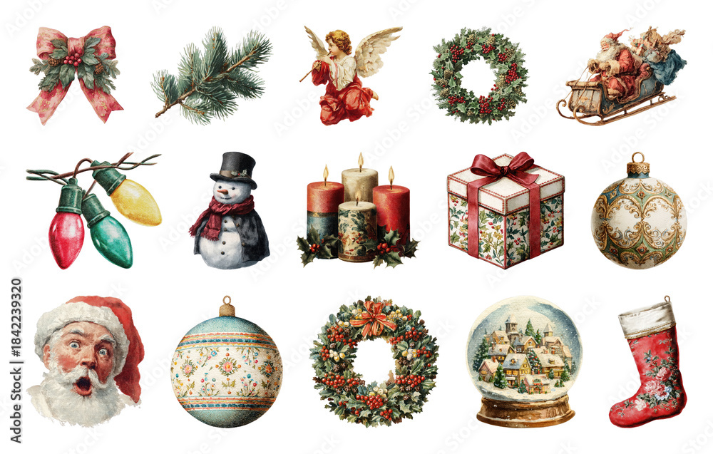 Obraz premium PNG Vintage Christmas holiday decoration collection, element set on transparent background