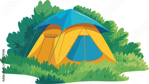 Colorful dome camping tent among green bushes, outdoor summer travel shelter illustration