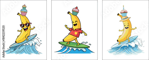 Funny Cartoon Banana Mascot Surfing on Wave with Cupcake on Head Vector Illustration - Summer, Holiday, Food, and Beach Fun Concept