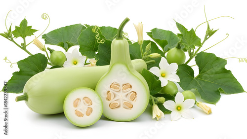 Fresh bottle gourds whole and cut with flowers, leaves and tendrils isolated on white background