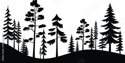 Black silhouette border of a dense pine tree forest landscape, various fir and coniferous trees on hills, winter nature wood background element vector