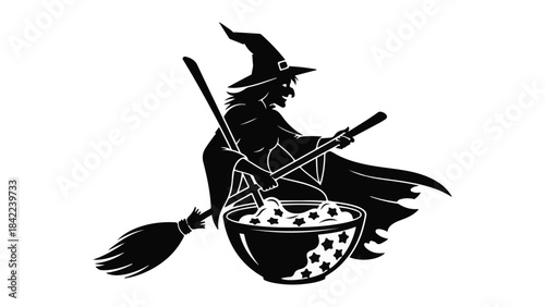 Black silhouette of witch flying on broomstick over cauldron with bubbling potion, Halloween symbol, mystical magic