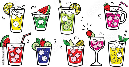 Assortment of vibrant cartoon cocktails and fresh fruity summer beverages