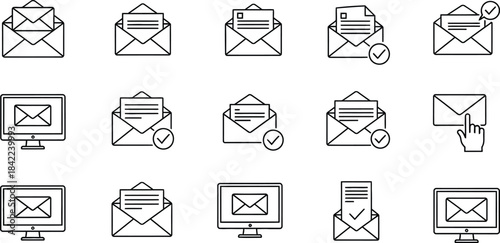 Email and communication icons in outline style with envelopes and computer screens message