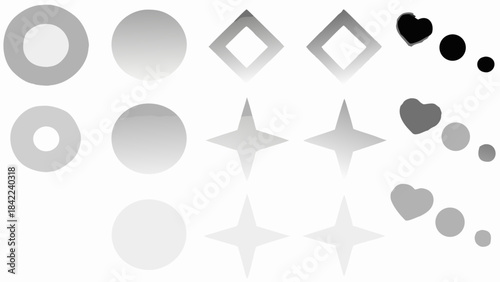 A collection of grayscale geometric shapes including circles diamonds stars and hearts