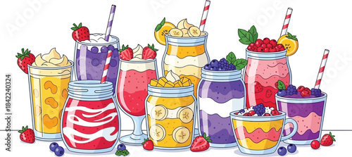 Set of Colorful Fruit Smoothies and Milkshakes in Jars and Glasses with Fresh Berries Vector Illustration