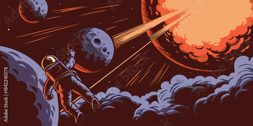 Space Explorer Astronaut in Cosmic Nebula Adventure Scene