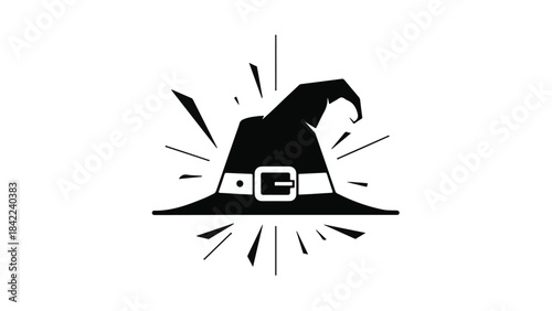 Black witch hat with white belt and buckle, Halloween costume accessory, spooky magic symbol, mystical fashion element, dark fantasy character