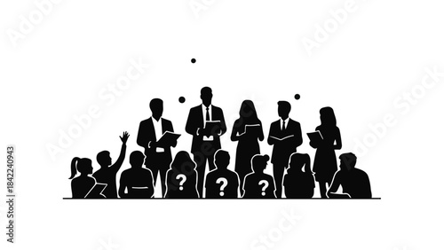 Business people crowd silhouettes with question marks thinking and discussing in meeting or conference setting