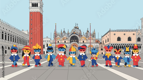 Two happy children, adorned in adorable Venetian carnival costumes and masks, are playfully running through a stylized piazza in this flat design illustration. 