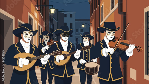 This flat design illustration depicts a group of masked musicians playing traditional instruments during the Venice Carnival parade.