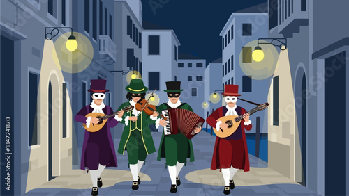 This flat design illustration depicts a group of masked musicians playing traditional instruments during the Venice Carnival parade.