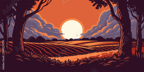 Harvest Moon Rising Over Golden Autumn Fields at Dusk