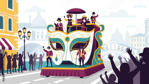 This flat design illustration presents a Whimsical Venice Carnival Float Parade, featuring iconic landmarks and a stylized carnival parade winding through its squares and canals. 
