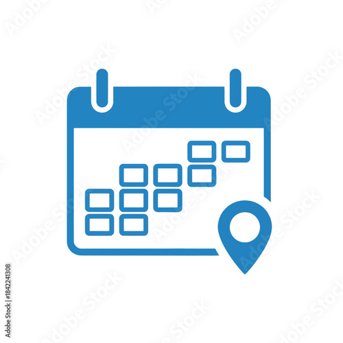 Blue calendar icon with a location pin, representing scheduling and planning events