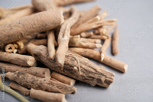 Macro Still Life of Dried Ashwagandha Root and Stem Sections (Withania somnifera) Used Extensively in Ayurvedic Adaptogenic Medici
