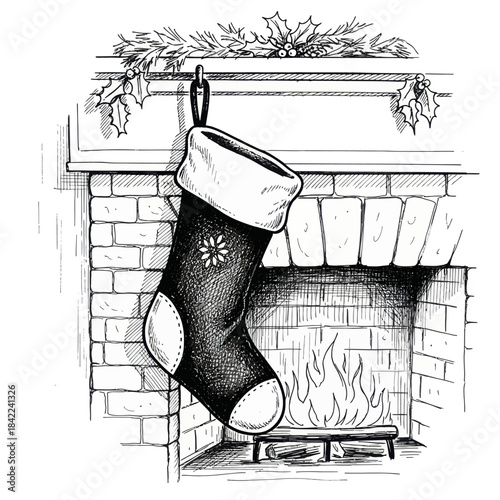 Cozy Christmas stocking hanging by fireplace with holly