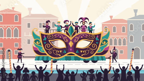 This flat design illustration presents a Whimsical Venice Carnival Float Parade, featuring iconic landmarks and a stylized carnival parade winding through its squares and canals. 