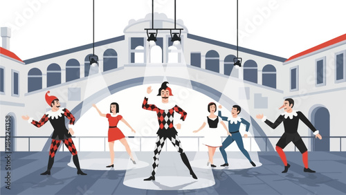 This flat design illustration portrays a bustling scene on a Venetian bridge, where Commedia dell'arte celebrate the carnival. It highlights the joyous atmosphere Venice Carnival