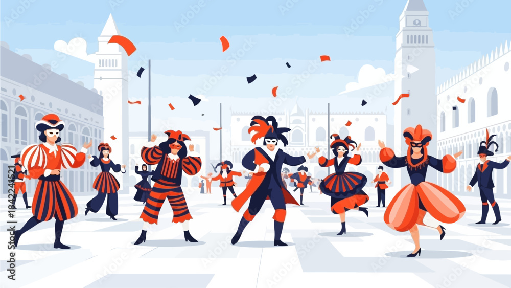 Naklejka premium This flat design illustration captures a dynamic scene of confetti raining down on cheerful, masked Modern Venice Carnival Dance Parade celebrating the Venice Carnival parade.