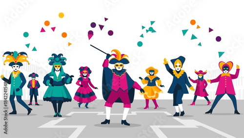This flat design illustration captures a dynamic scene of confetti raining down on cheerful, masked Modern Venice Carnival Dance Parade celebrating the Venice Carnival parade.