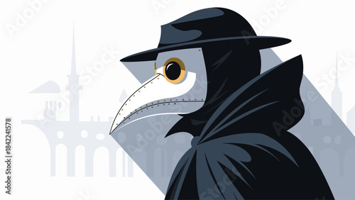 This flat design illustration features a Mysterious Plague Doctor Venice Carnival Parade, dressed in a vibrant costume 