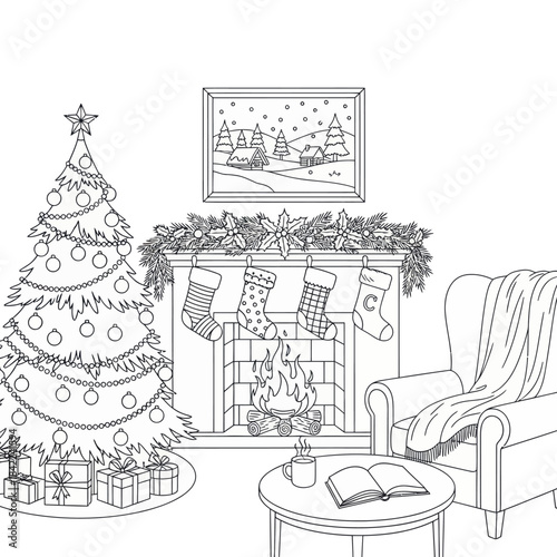 Cozy Christmas living room with decorated tree and fireplace