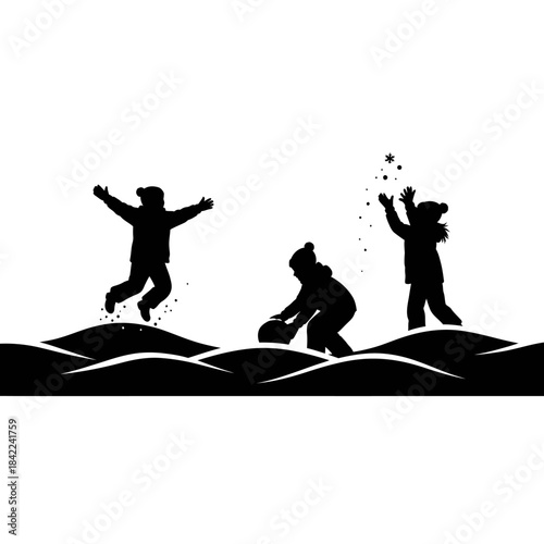 Children happily playing in the snow, jumping and throwing snowballs during winter