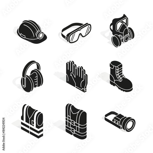 Isometric icons of personal protective equipment and safety gear including hard hat, goggles, mask, earmuffs, gloves, boots, vests, and flashlight.