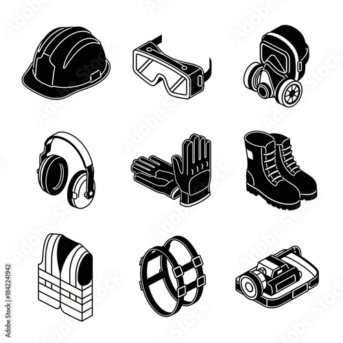 Isometric black and white icons illustrating various personal protective equipment for industrial safety and worker protection.
