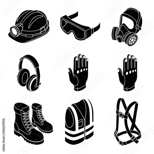 Isometric black and white icons of personal protective equipment for industrial safety and worker protection.