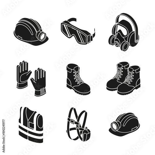Isometric icons of personal protective equipment including hard hats, safety goggles, respirator masks, gloves, work boots, vests, and harnesses for workplace safety.