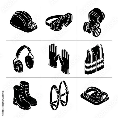 Collection of essential personal protective equipment items for workplace safety, presented as black isometric silhouettes.