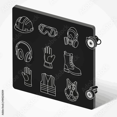 Collection of personal protective equipment icons on a black background, illustrating various safety gear for industrial and construction work.