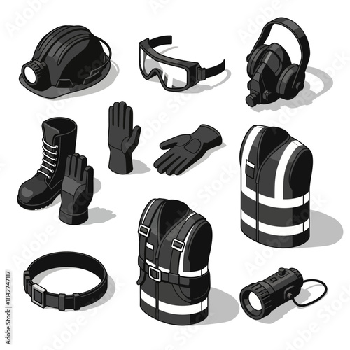 Isometric illustration of various personal protective equipment and safety gear for industrial workers.