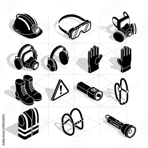 Isometric black and white icons of personal protective equipment and safety tools for industrial workers.