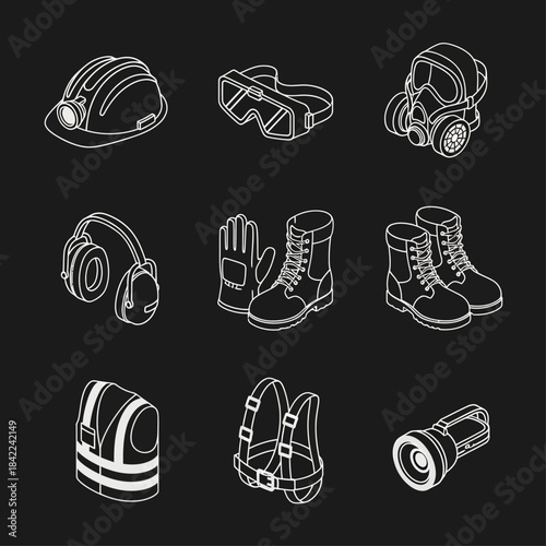 Isometric line art icons of personal protective equipment for safety at work.