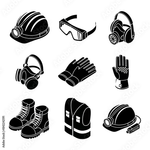 Isometric black and white icons of personal protective equipment, including hard hats, respirators, gloves, boots, and safety vests, for industrial workplace safety.