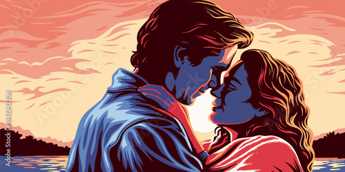 Romantic Couple Embracing at Golden Sunset Moment