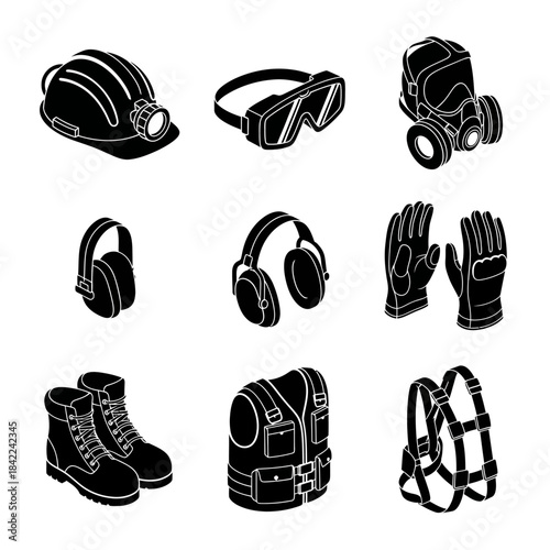 Collection of personal protective equipment items in black and white silhouettes.