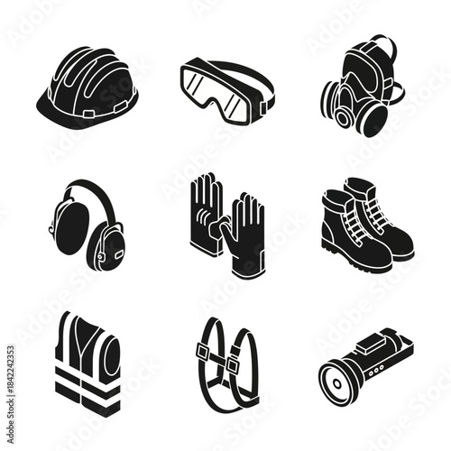 Black and white isometric icons of personal protective equipment and safety gear for industrial work.