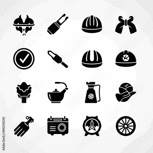 Collection of diverse black silhouette icons featuring various objects like hard hats, kitchenware, electronics, and symbols on a light background.