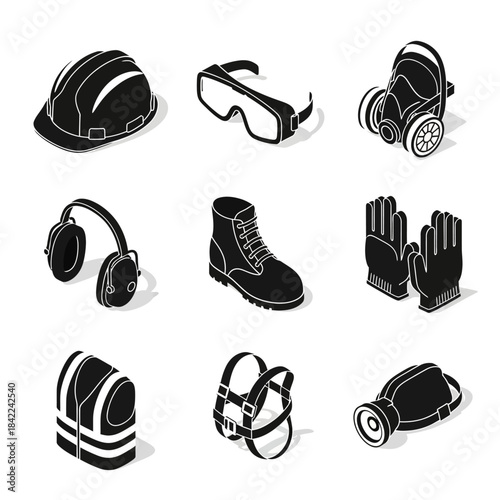 Isometric black and white icons of personal protective equipment for workplace safety and industrial use.