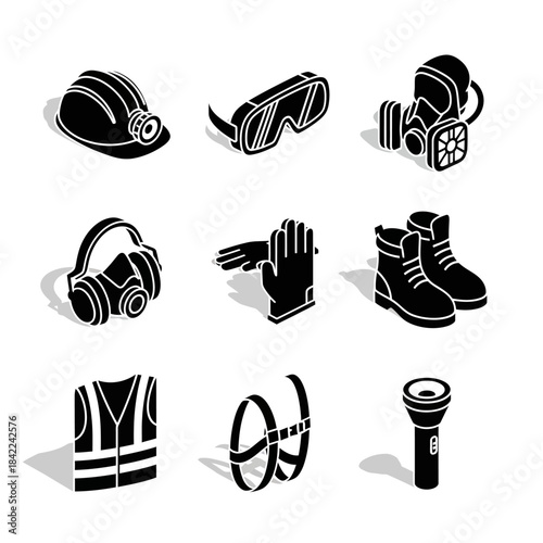 Isometric black and white icons of personal protective equipment and safety tools for industrial use.