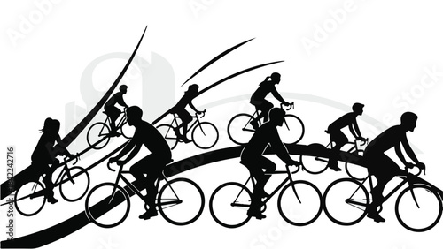 Silhouette of cyclists riding bicycles in motion on road track with dynamic movement and speed, fitness and sports concept