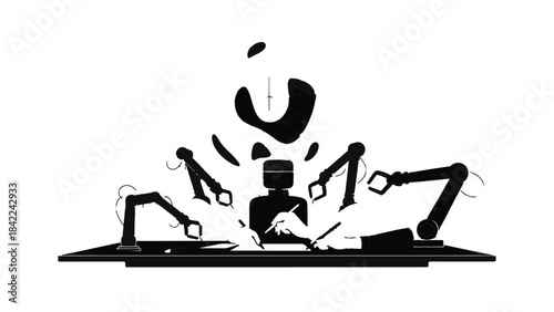 Industrial robotic arm machine with multiple limbs working on factory production line in modern manufacturing setting with dark silhouette